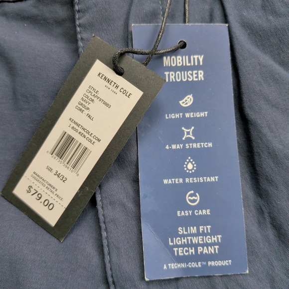 Kenneth Cole NEW Tech Pants Mens 34x32 4 Way Stretch Slim Fit Navy Blue Nylon - Picture 4 of 14